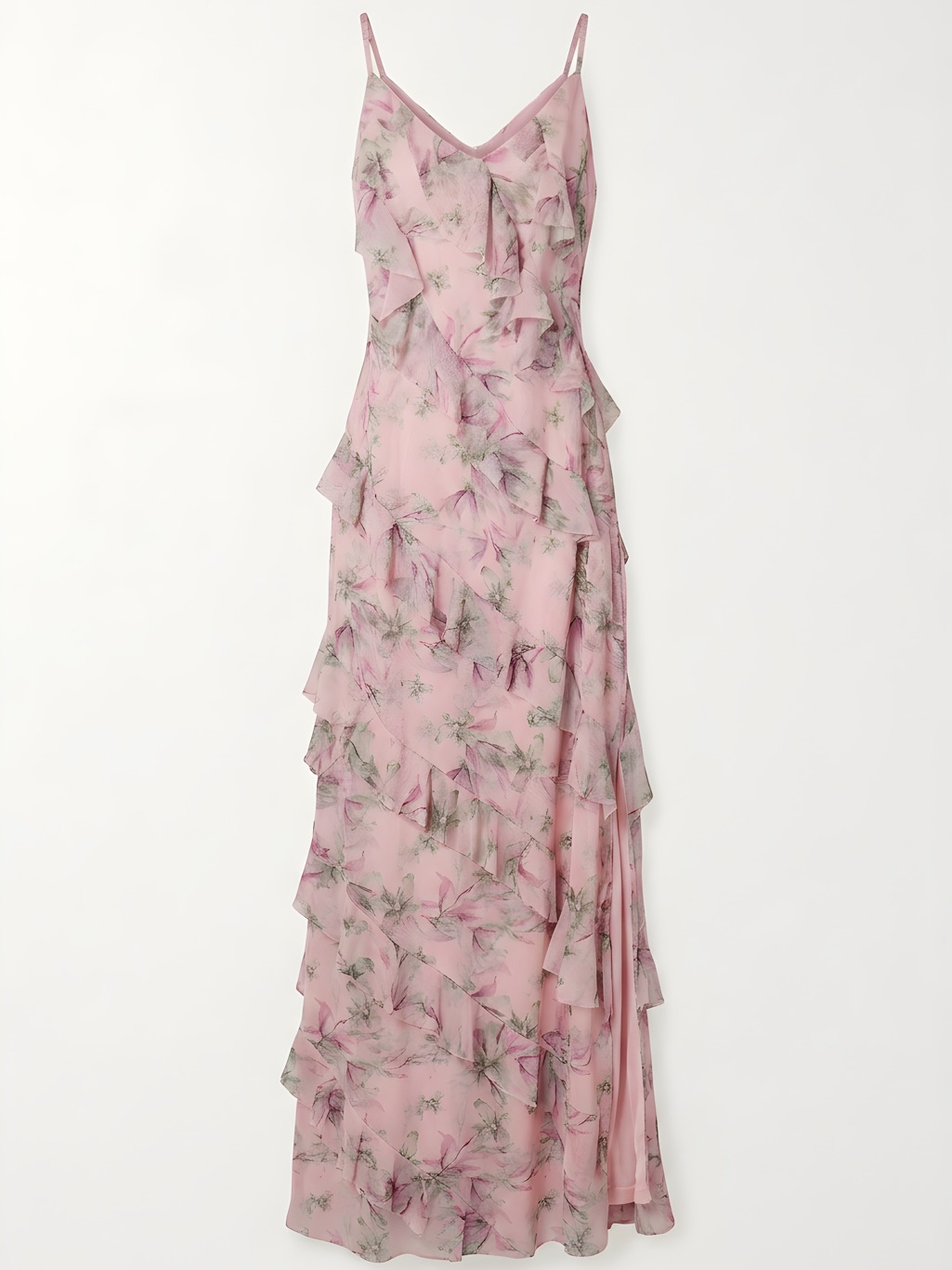 Mable Pink Floral Ruffle Tiered Maxi Dress, Size M